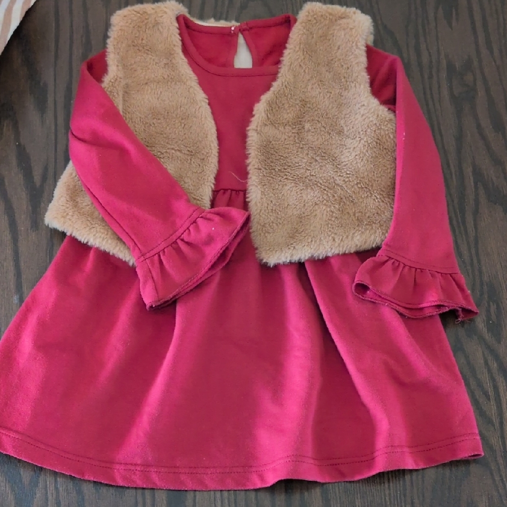 PatPat Red Dress with Tan Faux Fur Vest
